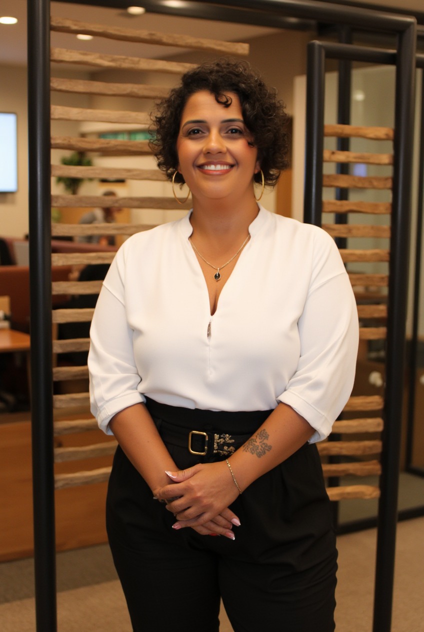 Juliana Dias entre folhas verdes, olhando para a câmera